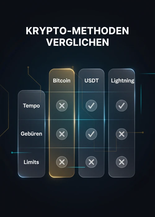 Krypto-Methoden im Vergleich beim besten Crypto Casino — Bitcoin, Ethereum, USDT und Lightning nach Tempo, Gebühren und Limits.