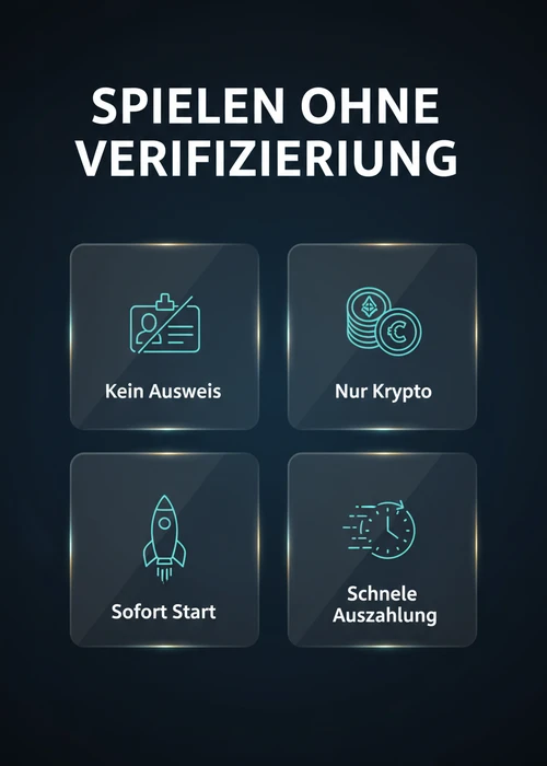 Spielen ohne Verifizierung im Crypto Casino — kein Ausweis, nur Krypto, sofort Start und schnelle Auszahlung als Kacheln.