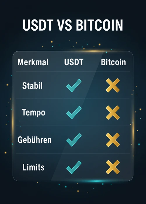 USDT gegen Bitcoin beim Crypto Casino — stabil, Tempo, Gebühren und Limits Merkmal für Merkmal verglichen.
