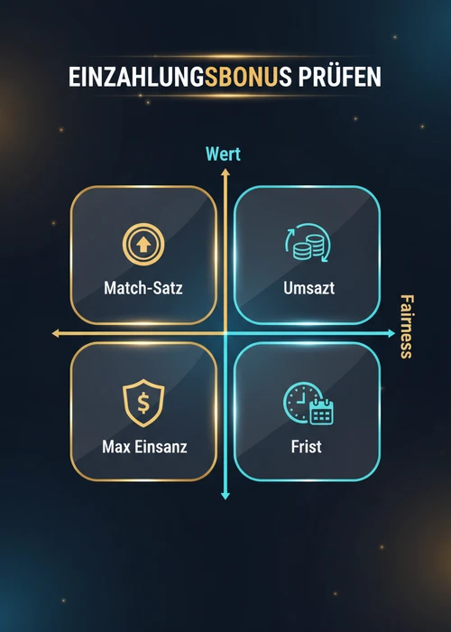 Einzahlungsbonus prüfen beim Crypto Casino — Match-Satz, Umsatz, Max Einsatz und Frist nach Wert und Fairness.